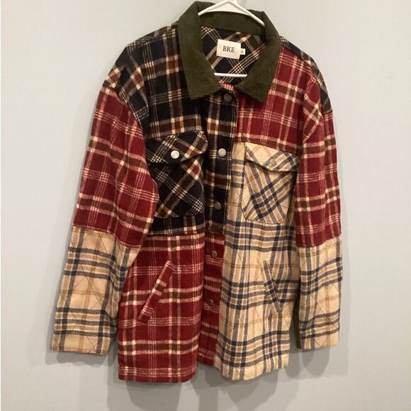 BKE Women Pieced Plaid Corduroy Shacket Size Large Patchwork Green Buckle Casual - Picture 4 of 15